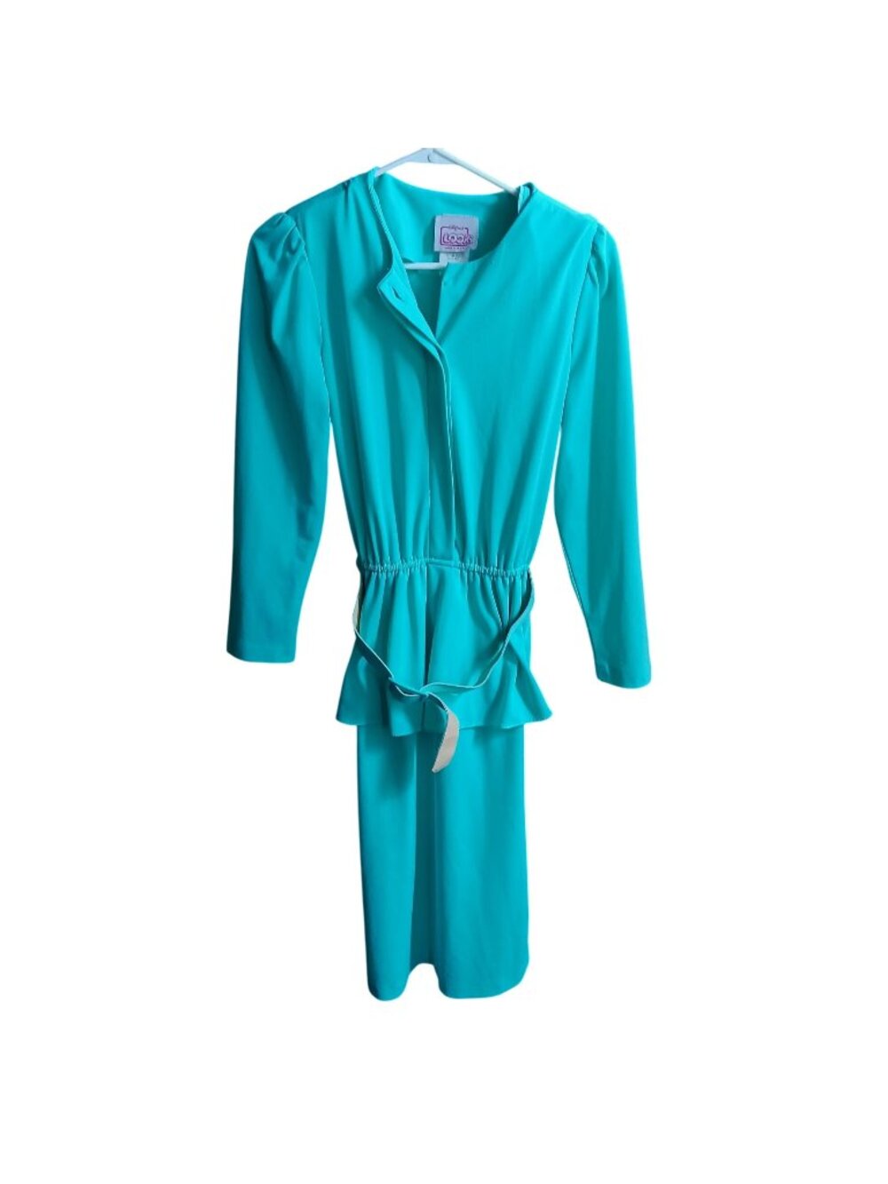 Vintage 90's Working Mom sz 10 Dress California Looks Turquoise Peplum Belted